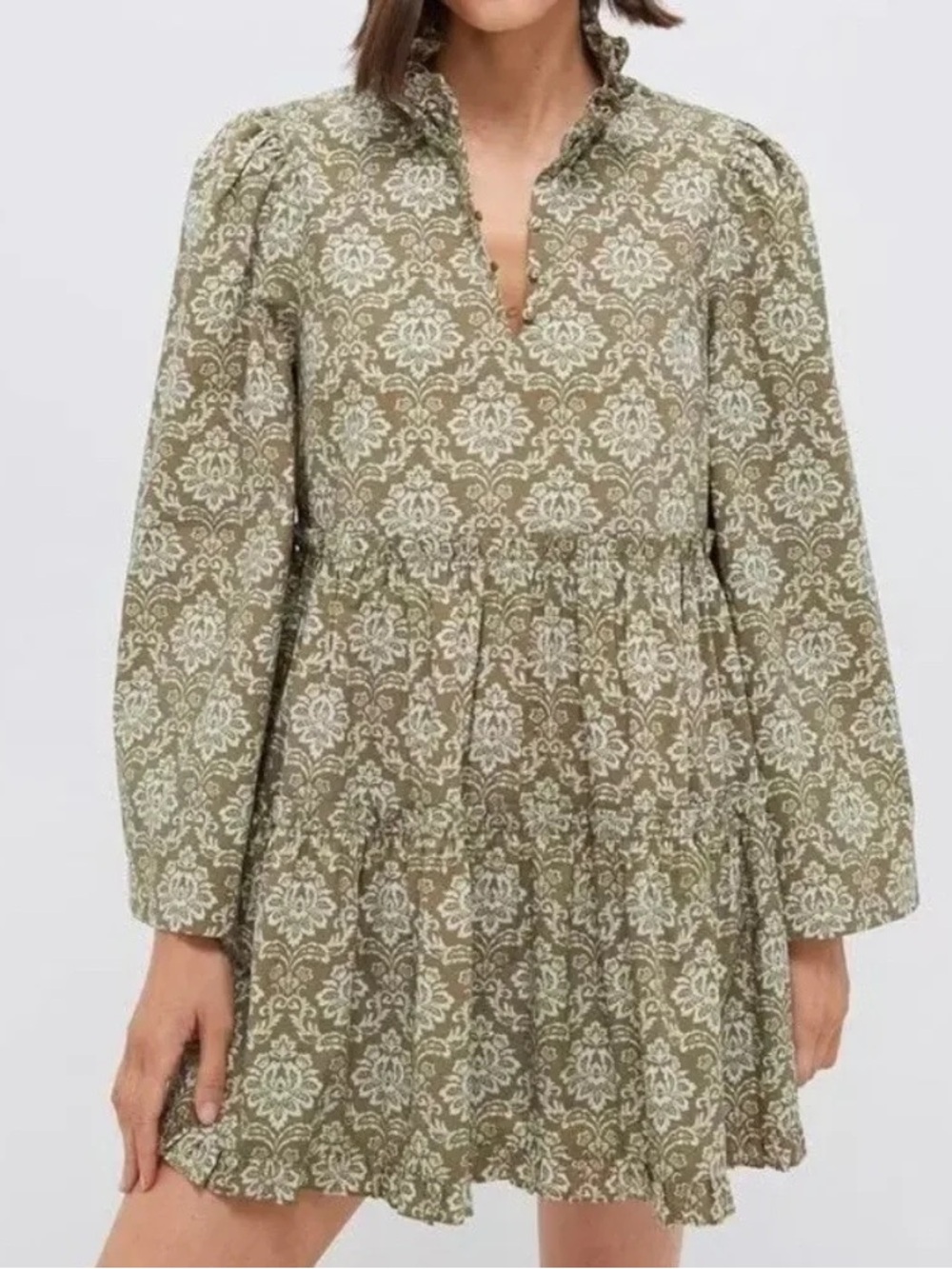 Tuckernuck- Hyacinth House Olive Green Floral Tiered Long-Sleeve Dress